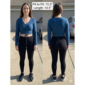 ARA SPORTS Blue Textured Honeycomb Crop Top Long Sleeve V-Neck Small